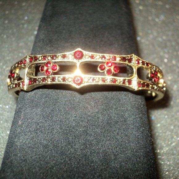 Monet Gold-Toned Hinged Cuff Bracelet with Dark Red Crystals 8" Around Vintage - Picture 2 of 3